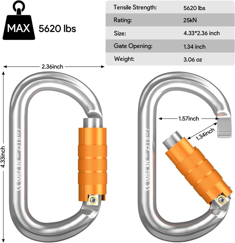 FVW CE Certified Auto Locking Climbing Carabiners, Professional 25KN (5620 lbs) Heavy Duty Caribeaners for Rappelling Swing Rescue & Gym etc, Large D-Shaped Carabiners - Image 3